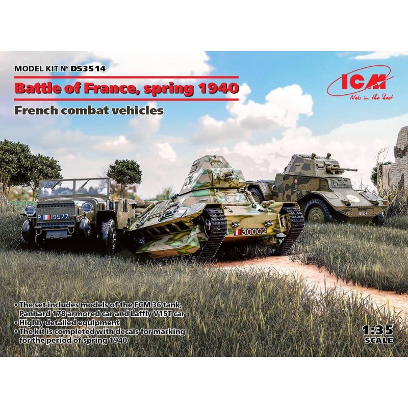 ICM DS3514 Slaget om Frankrig foråret 1940 fransk kampkøretøjer (Panhard 178, AMD35, FCM36 Laffly V15T 1/35